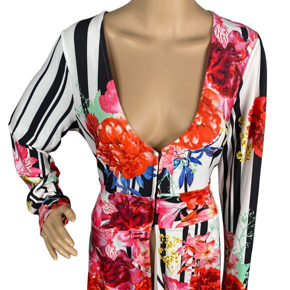 Venus Black White Striped Floral Belted High-Low Duster Tunic Top SZ L - Picture 4 of 11